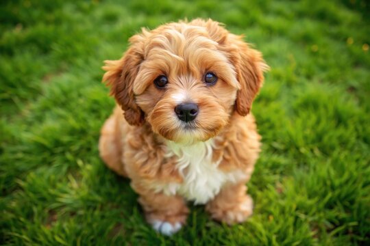 Adorable Cavoodle Puppy Sitting on Grass with Playful Expression and Fluffy Coat in Natural Light
