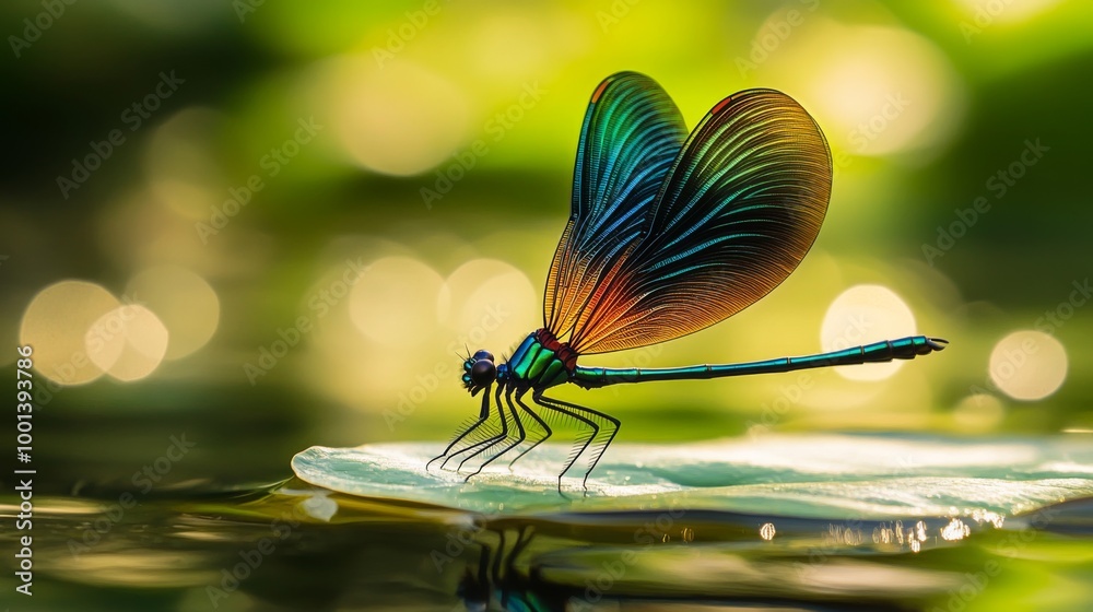 Poster a dynamic scene of a dragonfly resting on a leaf near a serene pond, with its iridescent wings glist