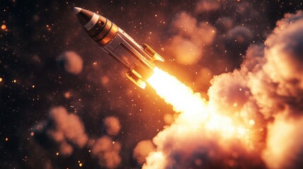 Detailed 3D render of a space rocket launch, focusing on the dramatic lift-off with vibrant flames and thick smoke