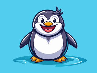 Naklejka premium A cheerful, chubby penguin with a big grin, standing on a solid icy blue background for a cool and playful vibe