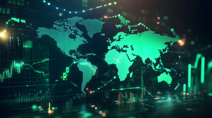 Fototapeta premium Black background with green finance graph and investment bar, showcasing growth and success in the market with technology currency reports chart. Business stock world economy AI computer map