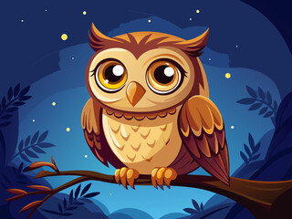 Obraz premium A happy little owl with wide, gleaming eyes, perched on a branch, against a solid dark blue background for a whimsical night-time vibe