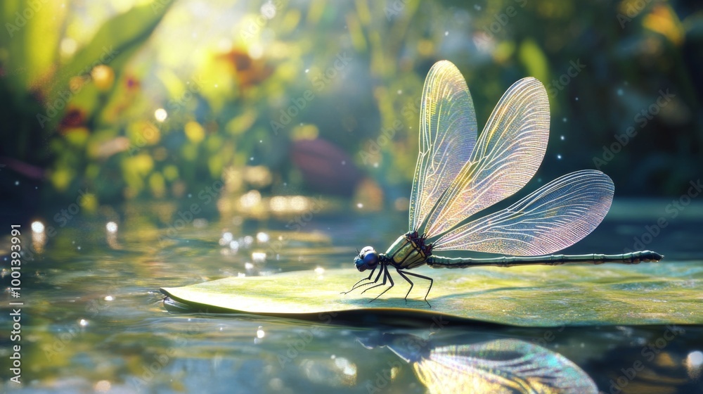 Poster a dynamic scene of a dragonfly resting on a leaf near a serene pond, with its iridescent wings glist