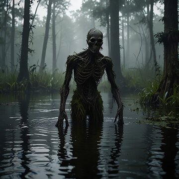 A terrifying humanoid creature, towering in height, rising from the dark swamps