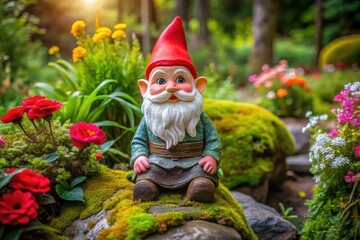 Obraz premium A whimsical ceramic gnome statue with bright red hat and white beard sitting on a mossy garden stone amidst lush greenery and colorful flowers.