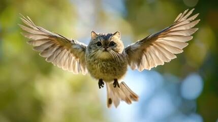 a flying bird with a cat face