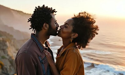 Sunset Coast Kiss: A romantic couple shares a tender kiss against the backdrop of a breathtaking sunset ocean view.  Their love story unfolds amidst the dramatic beauty of nature.