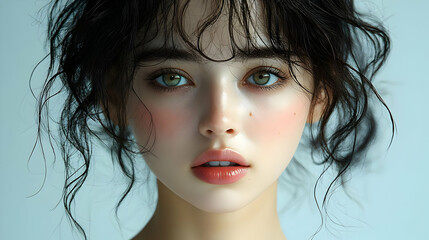 Close-Up Portrait of a Woman with Wavy Hair and Green Eyes