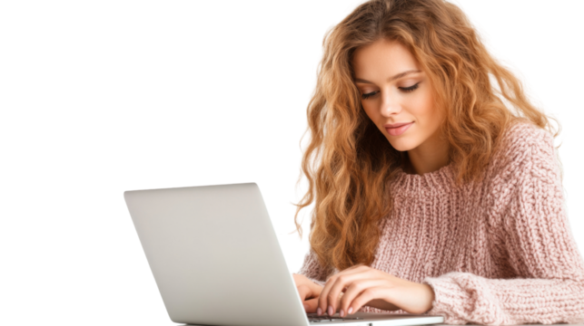 A woman is sitting at a desk with a laptop open in front of her. on transparent background png
