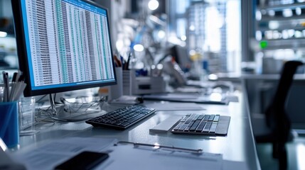 Detailed view of medical bill codes and data on a digital spreadsheet. Office scene with neat workspace and modern tech equipment