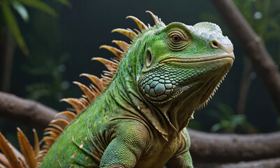 A green iguana sits on a branch in a tropical rainforest, looking alert and curious
