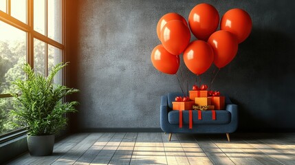 A cluster of bright orange balloons float above a plush blue sofa, adorned with festive gift boxes, creating a cheerful and celebratory atmosphere in a minimalist room.