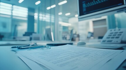 Detailed view of medical bill codes and data on a digital spreadsheet. Office scene with financial paperwork, modern tech, and organized workspace