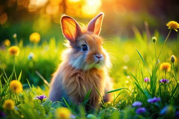 Adorable fluffy bunny sitting in a vibrant green meadow under the warm sunshine of springtime