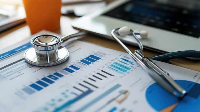 Detailed view of medical billing data and codes on a tablet. Office background with financial charts and modern technology
