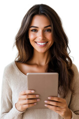 Naklejka premium A woman with long brown hair is holding a tablet in her hand. on transparent background png