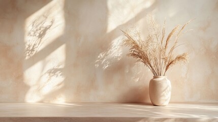 Elegant vase with dried flowers on a minimalist background. Countertop Background.