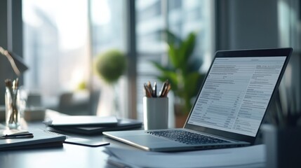Detailed view of online tax filings and invoice system on a laptop. Modern office scene with financial paperwork and clean tech setup