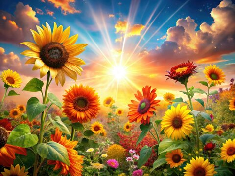 A whimsical illustration of summer's final month, August, featuring vibrant flowers, sunbeams, and warm hues, evoking feelings of joy and nostalgic end-of-summer vibes. - Powered by Adobe
