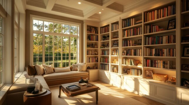 A dynamic shot of a living room with a built-in bookshelf, showcasing neatly arranged books, decorative items, and a comfortable reading nook by the window
