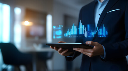 A man in suit holding a tablet. Digital 3D line graphs chart trend. Research science technology computer analysis data audit study professional doctor medical, mathematics, scientist