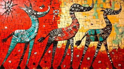 Obraz premium Tanzania Painting, Tingatinga, Abstract Image, Texture, Background for, Wallpaper, Cover and Screen of Smartphone, PC, Laptop, 9:16 and 16:9 Format