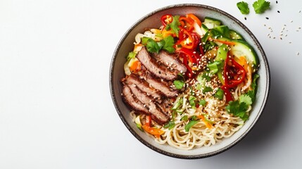Fototapeta premium A dynamic shot of a noodle dish with a variety of toppings like sliced meat, vegetables, and a sprinkle of sesame seeds, all set against a clean, white background.