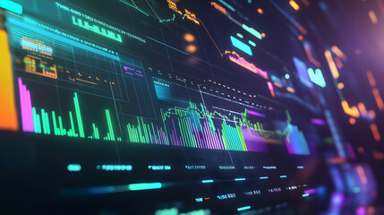 Fototapeta premium black 3D background colorful finance graph and investment bar, showcasing growth and success in the market with technology currency reports chart. Business stock world economy AI computer