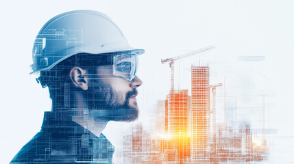 A building engineer wearing smart glasses, managing digital architectural designs, futuristic interface, sleek design, blueprints floating