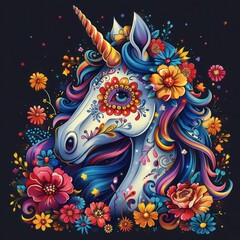 Colorful Day of the Dead Unicorn Skull and Skeleton with Mexican Elements and Flowers for Halloween Fiesta Poster or Party Flyer