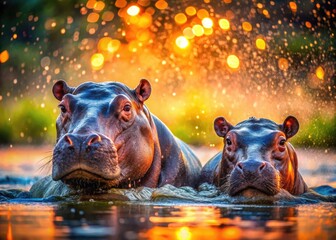 Fototapeta premium Adorable Hippos Playing in Water: Captivating Moments of Nature's Most Charming Creatures