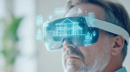 Augmented reality smart glasses showing home automation options, user in a sleek modern home