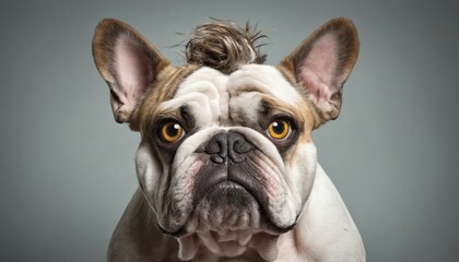 A bold and whimsical bulldog with a stylish tousled hairstyle posing against a soft pink background, exuding playful charm and personality