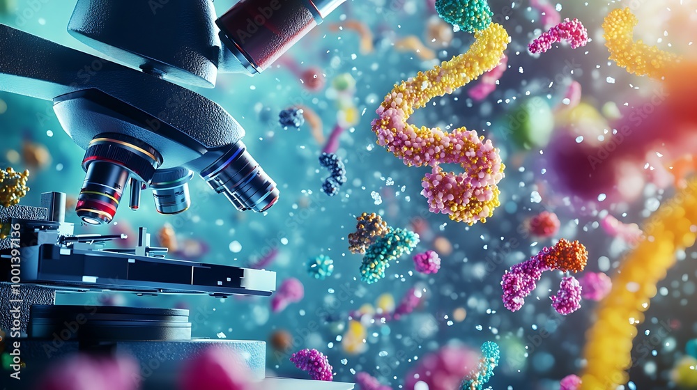 Poster a microscope focused on colorful microbes.