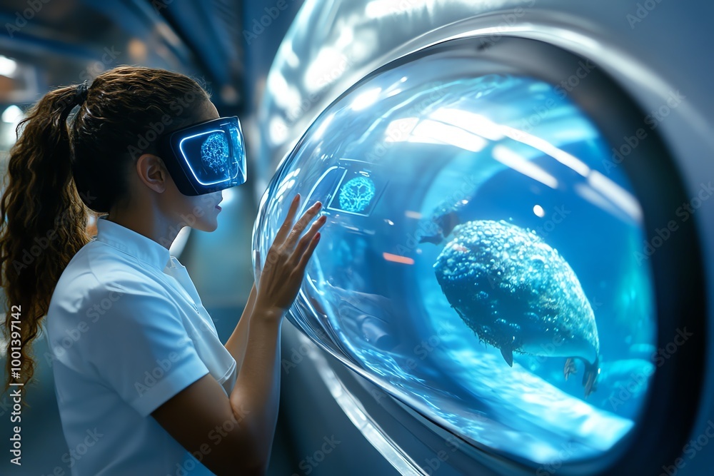 Poster ai-driven marine exploration submarines, with scientists using holographic displays to study marine 