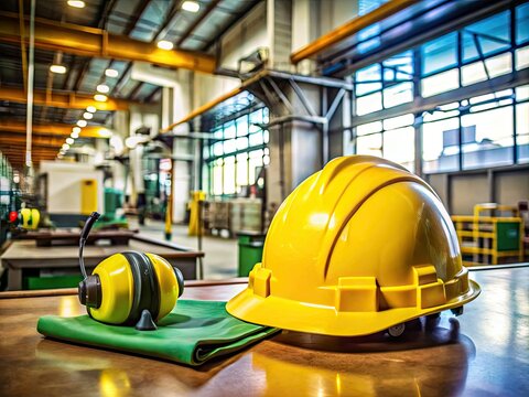 A yellow hard hat and safety vest lie on a factory floor alongside tools and equipment, symbolizing industrial maintenance and quality control procedures.