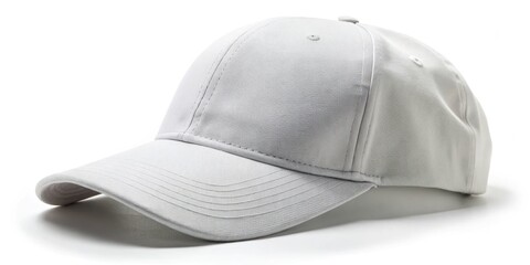 Blank white baseball cap with adjustable Velcro strap, ideal for custom designs, logos, or text, isolated on a pure white background with clipping path.