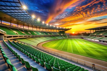 Brightly lit stadium at dusk with lush green grass, vibrant colored seats, and sleek modern architecture, perfect for sports and athletic themed designs.