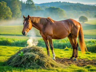 Brown horse standing in a lush green meadow, releasing a pile of steaming manure onto the grass, with a subtle hint of morning dew.