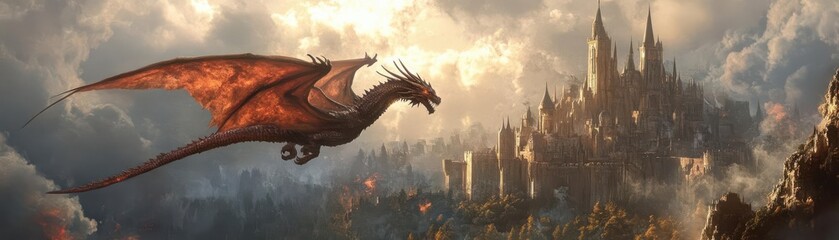 Majestic dragon over medieval castle, fantasy, rich colors, sketch