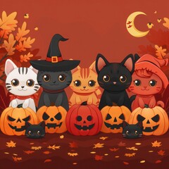Furry Friends in Spooky Disguise: Halloween Party Vector Illustration Banner with Cats and Dogs in Monster Costumes