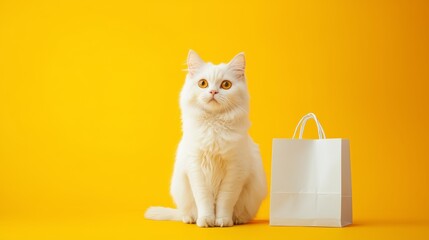 Elegant white cat sitting next to a white paper bag on a bright yellow background.
