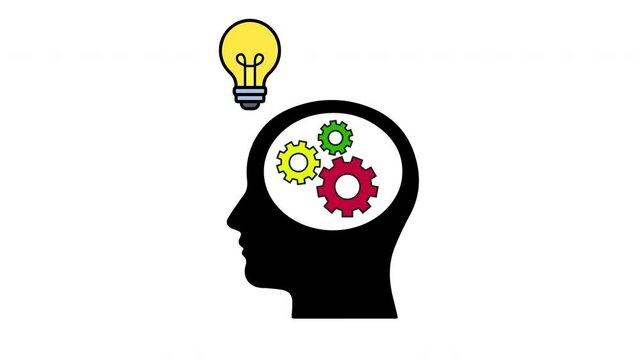 Animated Gears in Mind. The gears spin and an idea appears in the form of a yellow light. transparent background