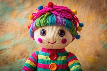 Adorable Sock Doll Character with Colorful Patterns and Button Eyes on a Soft Textured Background