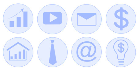set of eight business-related icons in blue circles. The icons include charts, video, email, dollar signs, house, tie, briefcase, and lightbulb, representing various business concept