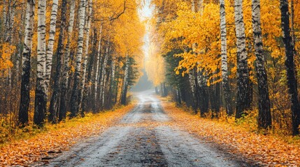 Obraz premium Discover a serene autumn forest in Eastern Europe, with yellow and orange leaves covering the tree trunks and a picturesque road through the foliage