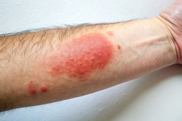Fototapeta premium Close-up of a forearm with a raised, red, and swollen skin reaction, indicating a positive result in a Mantoux tuberculin skin test.