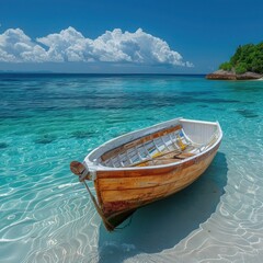 Obraz premium Serene Tropical Island: Wooden Boat on Turquoise Sea with Sandy Beach, Scenic Ocean View & Blue Sky - Perfect for Relaxing Summer Holiday
