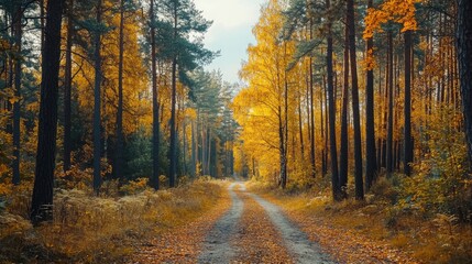 Obraz premium Discover a serene autumn forest in Eastern Europe, with yellow and orange leaves covering the tree trunks and a picturesque road through the foliage