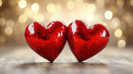 Obraz premium Two Shiny Red Glitter Hearts On A Wooden Surface With A Sparkling Golden Bokeh Background